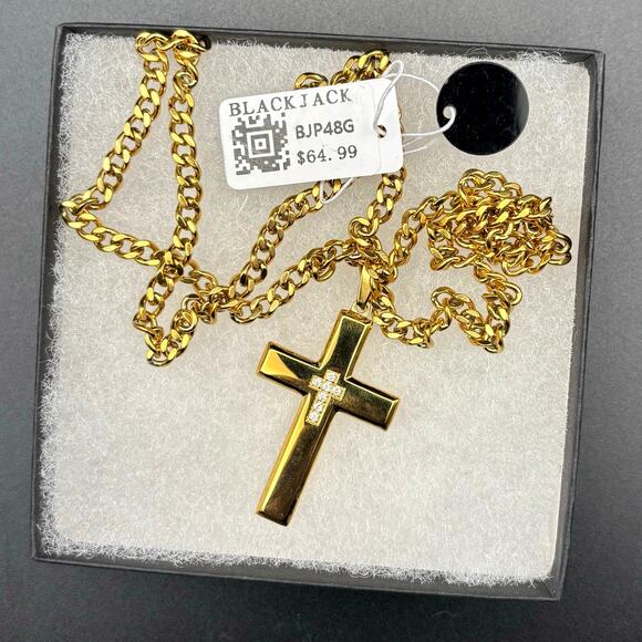 Blackjack BJP48G Mens 18K Gold Plated Stainless Steel Cross Necklace with CZ NWT - Picture 3 of 15